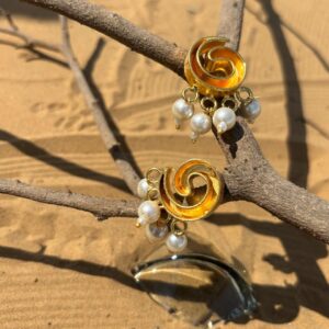 Swirl Design Pearl Dangle Gold Earrings