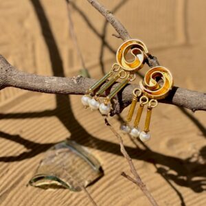 Swirl Design Pearl and Rod Dangle Gold Earrings