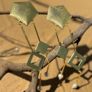 Textured Geometric Pearl Dangle Gold Earrings