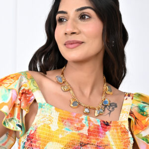 Hollow Rectangle Pearl Dangle Gold Necklace